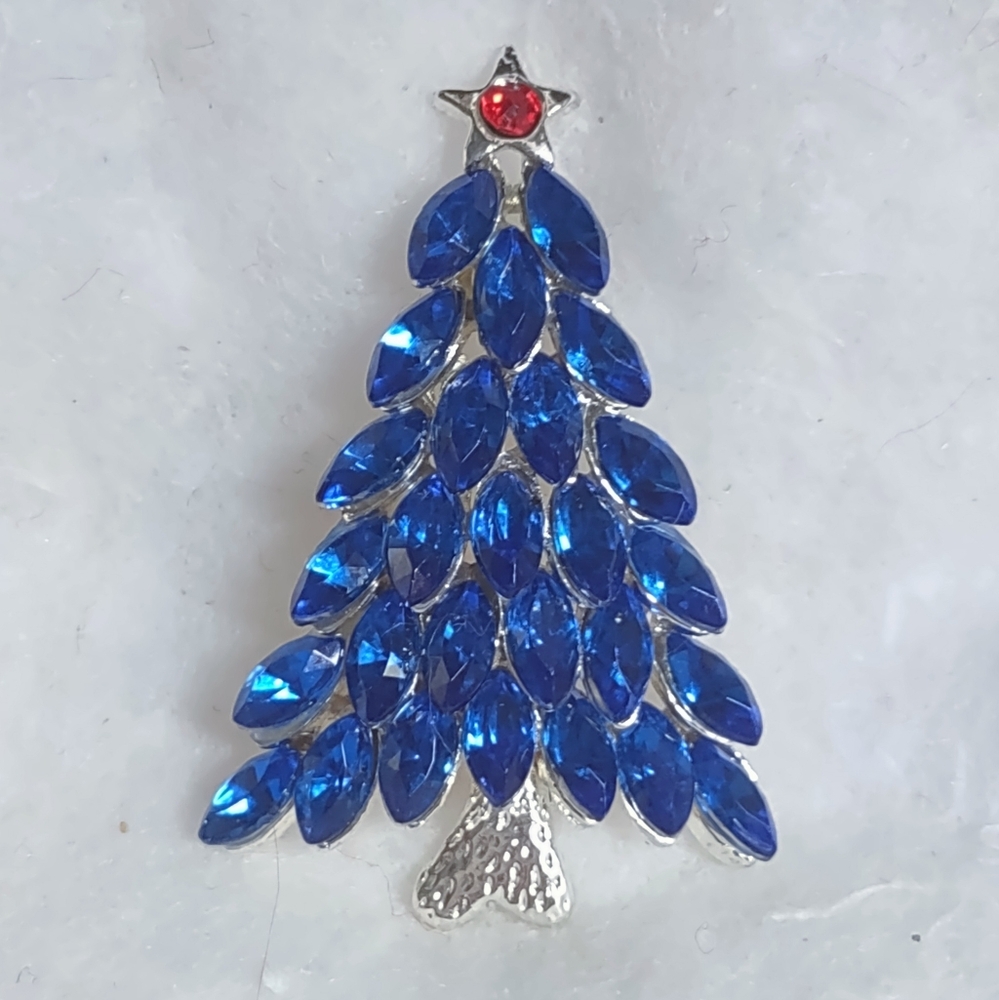 Royal Blue Jeweled Christmas Tree Brooch